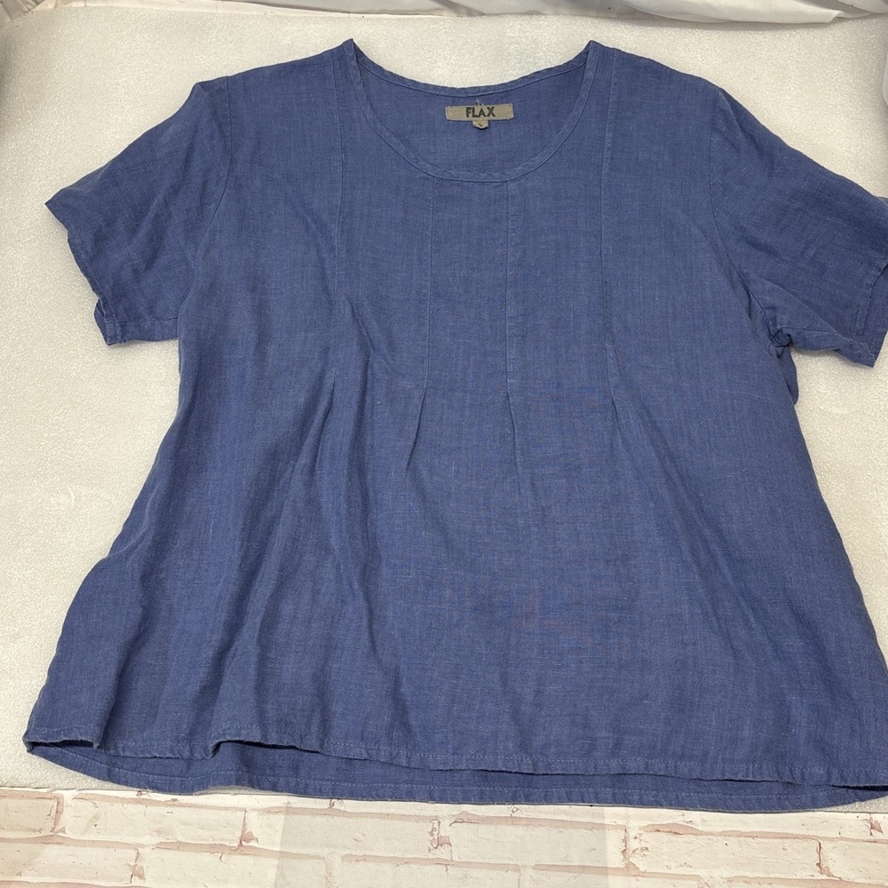 Flax Size L Linen Shirt Purple Blue Pleated Front Pull On